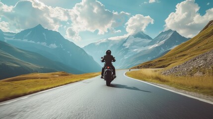 a motorcycle driver cruising along a scenic alpine highway, surrounded by towering peaks and winding roads, showcasing the thrill of adventure amidst breathtaking mountain vistas.