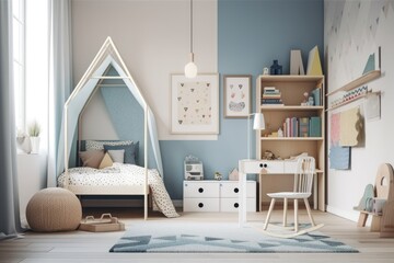 Interior side view of a children's room with a blue chair, bookcases, and poster hanging over the bed. blank walls. a mockup