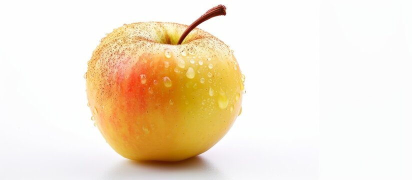 Cinnamon-sugar coated yellow apple on white backdrop.