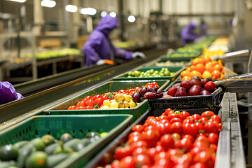 Fresh produce packaging facility, workers handle washing, sorting, and packaging fruits and...