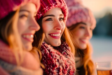 Fototapeta premium Three happy women in knit hats and scarves enjoying a cheerful moment together on a beautiful winter sunset.