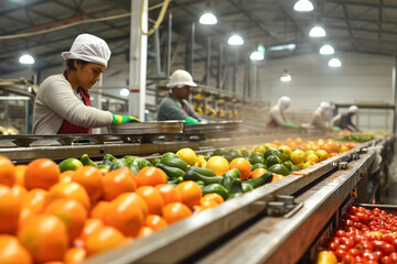 Fresh produce packaging facility, workers handle washing, sorting, and packaging fruits and vegetables. Conveyors, washing stations, and packaging machinery.