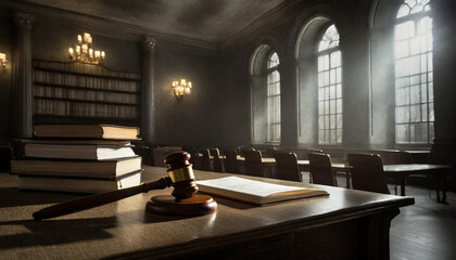 Judge table with wooden court gavel files and books in empty courtroom
