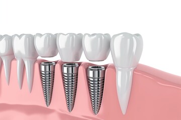 Illustration of human jaw with dental tooth implants. 3D rendering