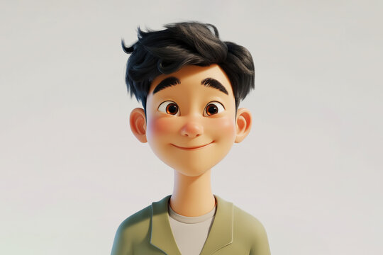 Happy smile friendly Asian cartoon character kid teen young adult man male person portrait in green jacket in 3d style design on light background. Human people feelings expression concept
