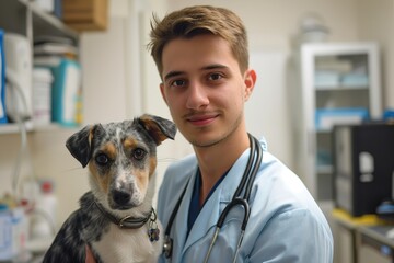 Young man vet with dog in vet clinic