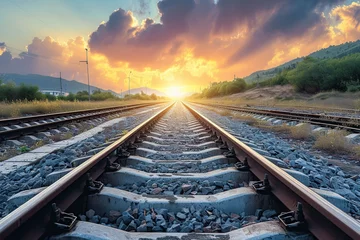 Foto op Plexiglas Railroad tracks at beautiful sunset © Alina