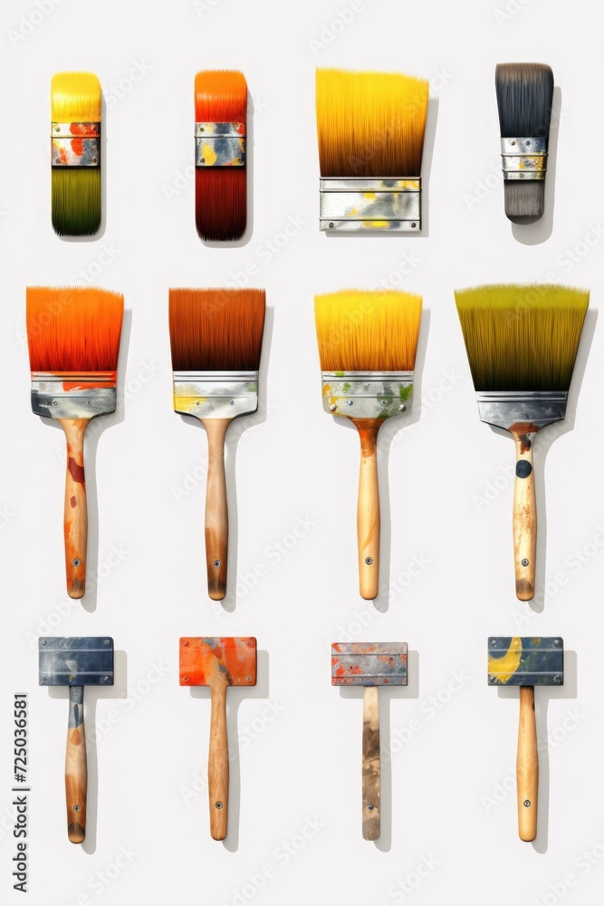 Poster paint brushes of various sizes and shapes laid out on a clean white background. ideal for artistic p