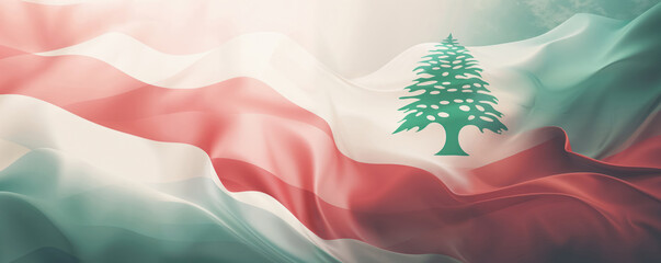 flying and waving fabric in the colors of the national flag of lebanon and cedar arz tree as abstract banner for political or national government with empty copyspace - obrazy, fototapety, plakaty