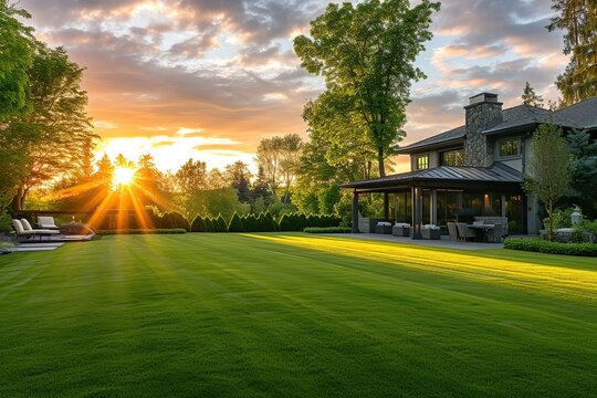 Back house yard with green grass and nice landscaping with sunlights