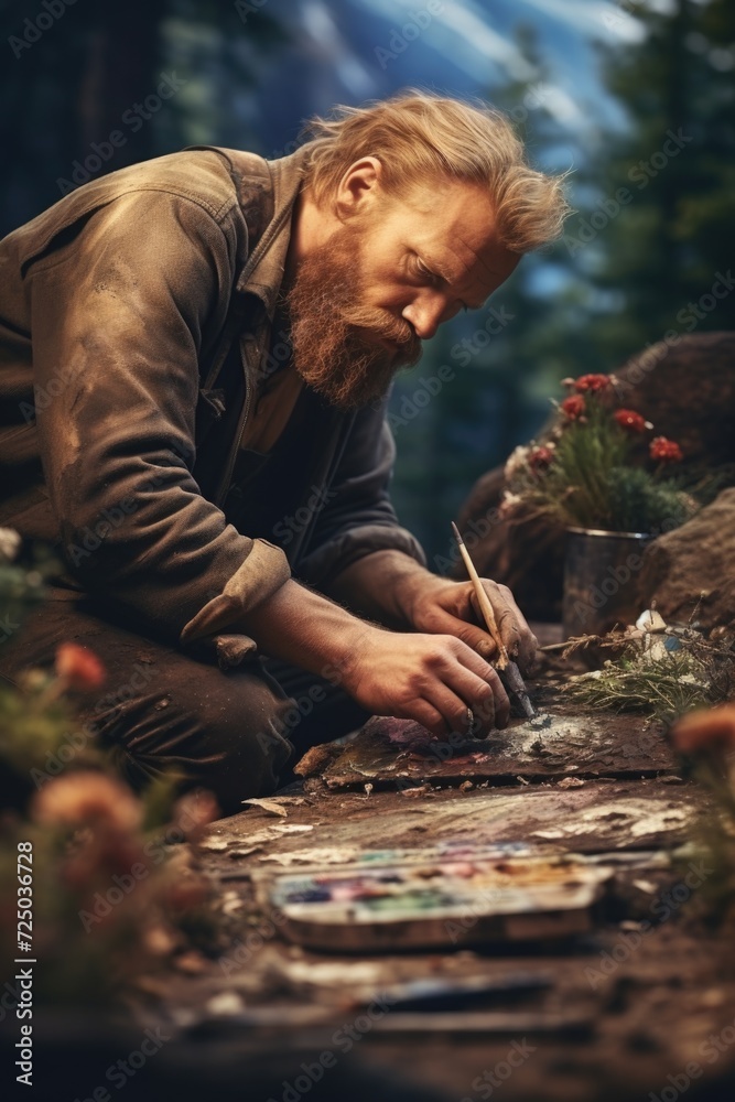 Aufkleber A man with a beard is painting a picture on the ground. This image can be used for artistic projects or as a representation of creativity and self-expression