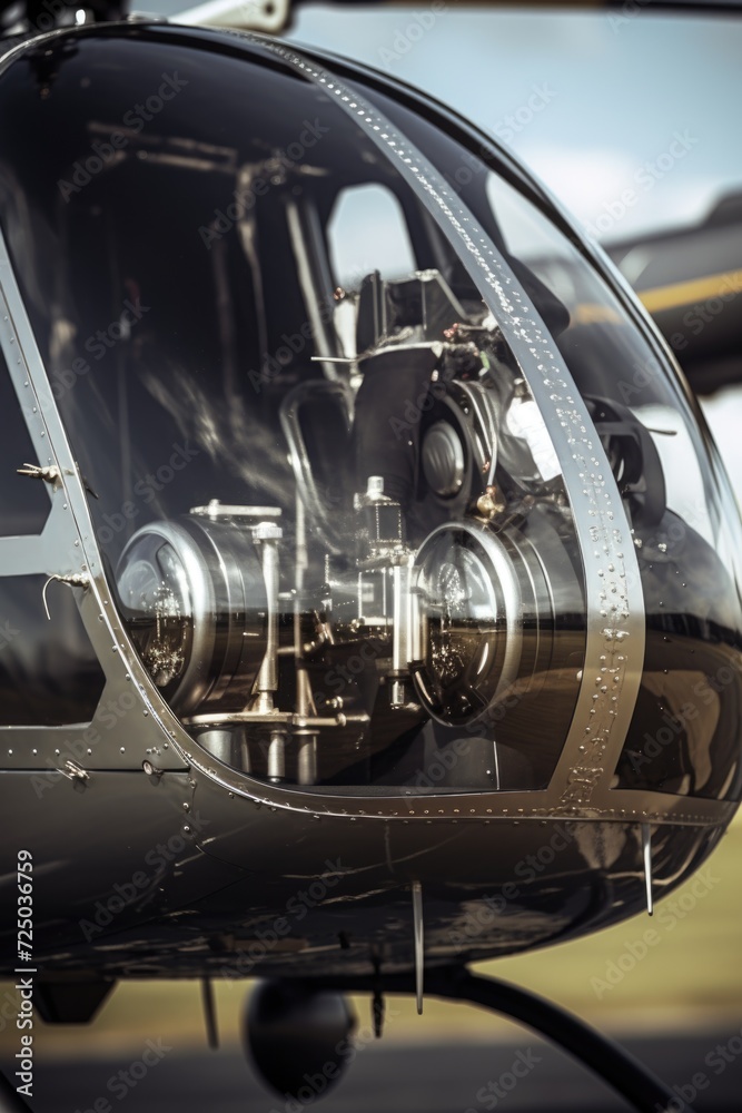 Poster A detailed close up view of a helicopter engine. This image can be used to showcase the intricate mechanics of a helicopter engine