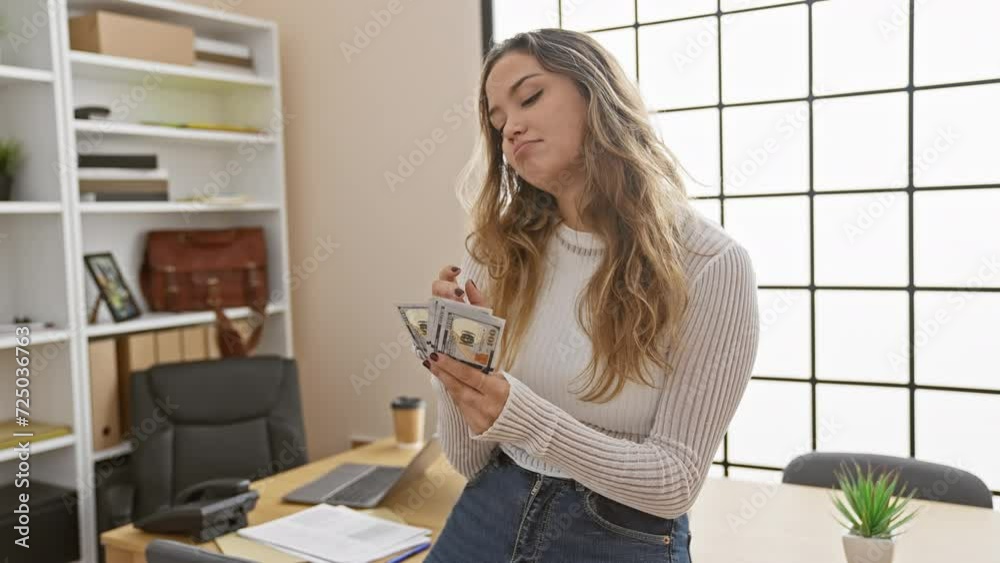 Canvas Prints Young beautiful hispanic woman business worker counting dollars thinking at the office