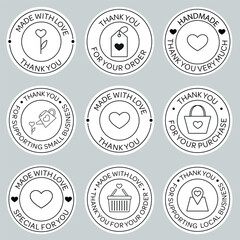 Round labels for small business, for packaging product. Thank you for order, purchase. Supporting small local business. Made with love. Handmade business sticker collection for customers order.