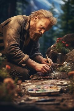 A man with a beard is painting a picture on the ground. This image can be used for artistic projects or as a representation of creativity and self-expression