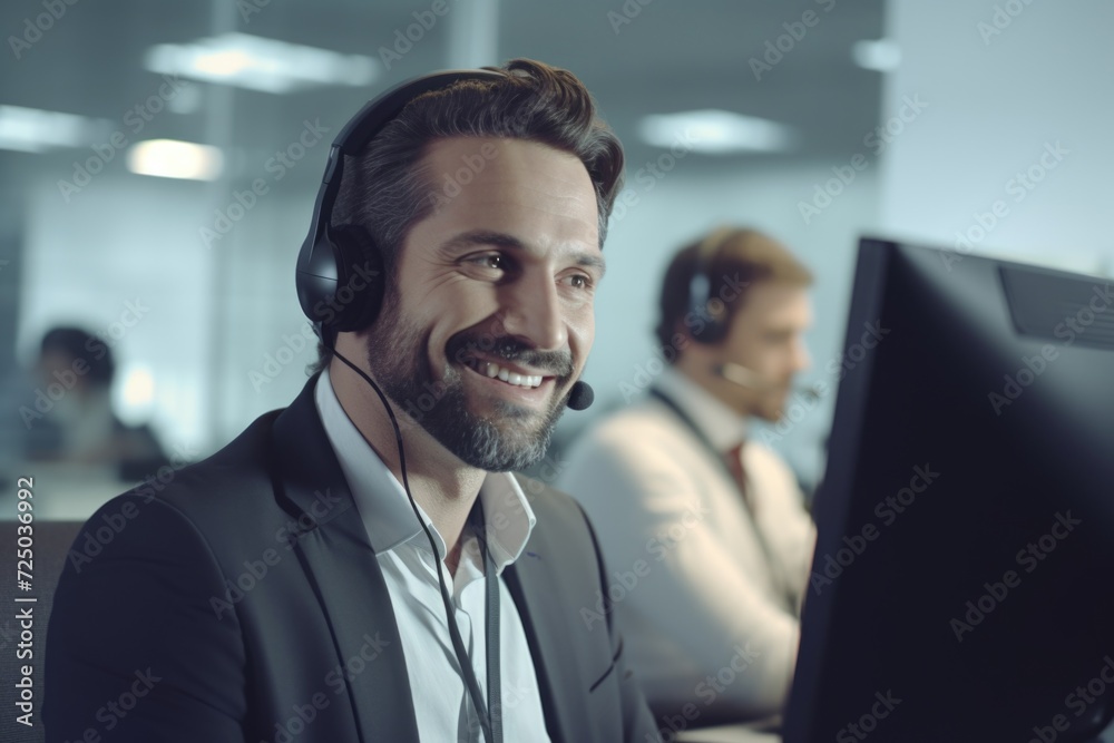 Poster A man wearing a headset sitting in front of a computer. Perfect for customer service or remote work concepts