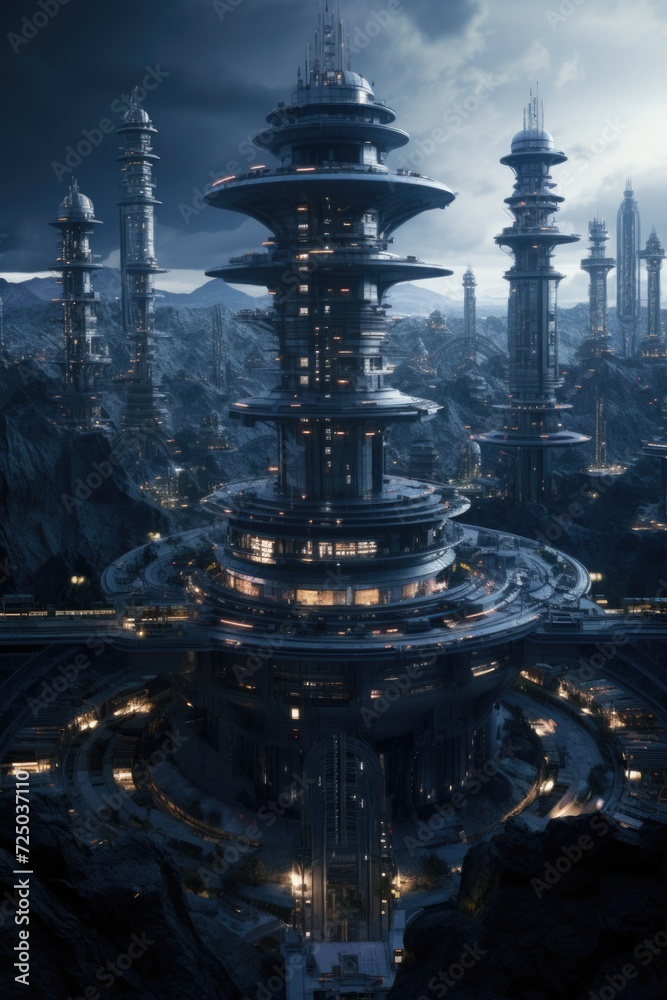 Poster a breathtaking view of a futuristic city nestled in the middle of a majestic mountain. perfect for s