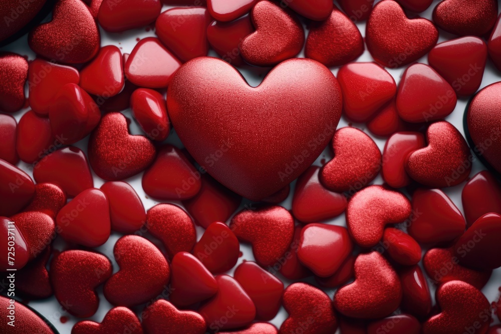 Poster a large group of red hearts on a white surface. perfect for valentine's day or expressing love and a