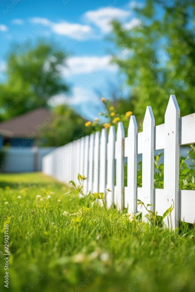 Poster a white picket fence stands in the grass with a house in the background. ideal for home and real est