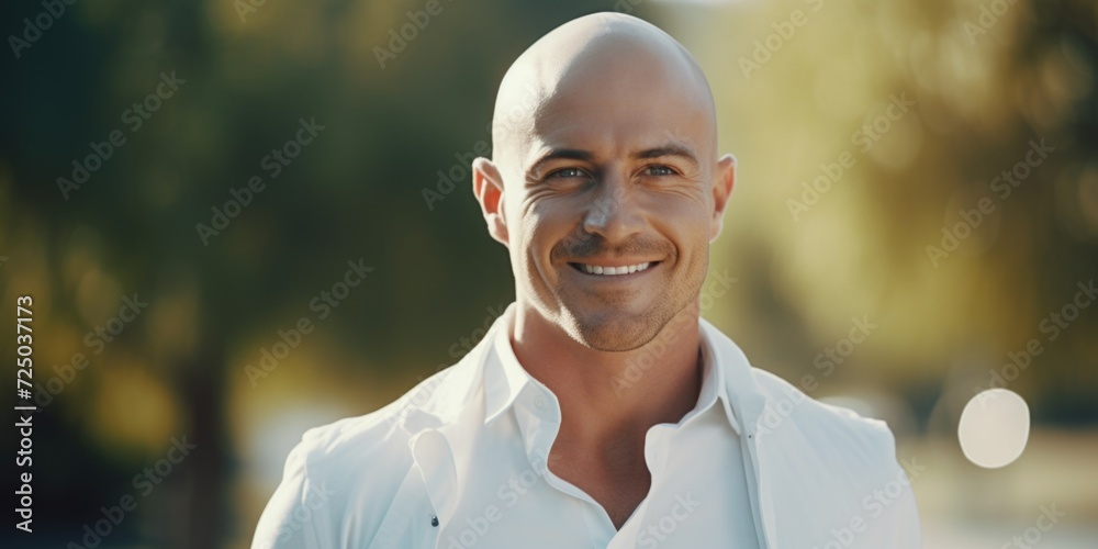 Aufkleber a bald man wearing a white shirt smiles directly at the camera. this versatile image can be used in 