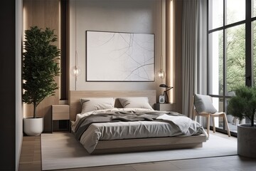 The minimalistic design of the bedroom's interior. comfortable bed in a cozy bedroom. The park may be seen from the window. modern apartment's stylish living room with contemporary furniture,