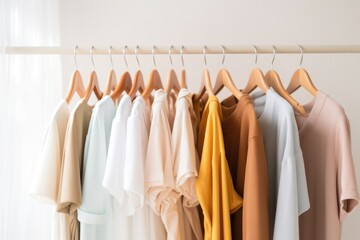 A row of clothes hanging on a rail. Suitable for fashion, laundry, or wardrobe concepts