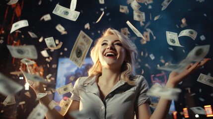 A woman is shown smiling as she throws money in the air. This image can be used to depict happiness, success, or financial freedom