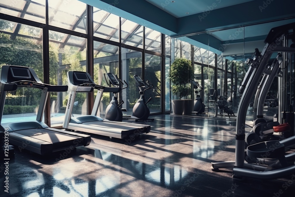 Aufkleber a row of tread machines in a gym. suitable for fitness and exercise concepts