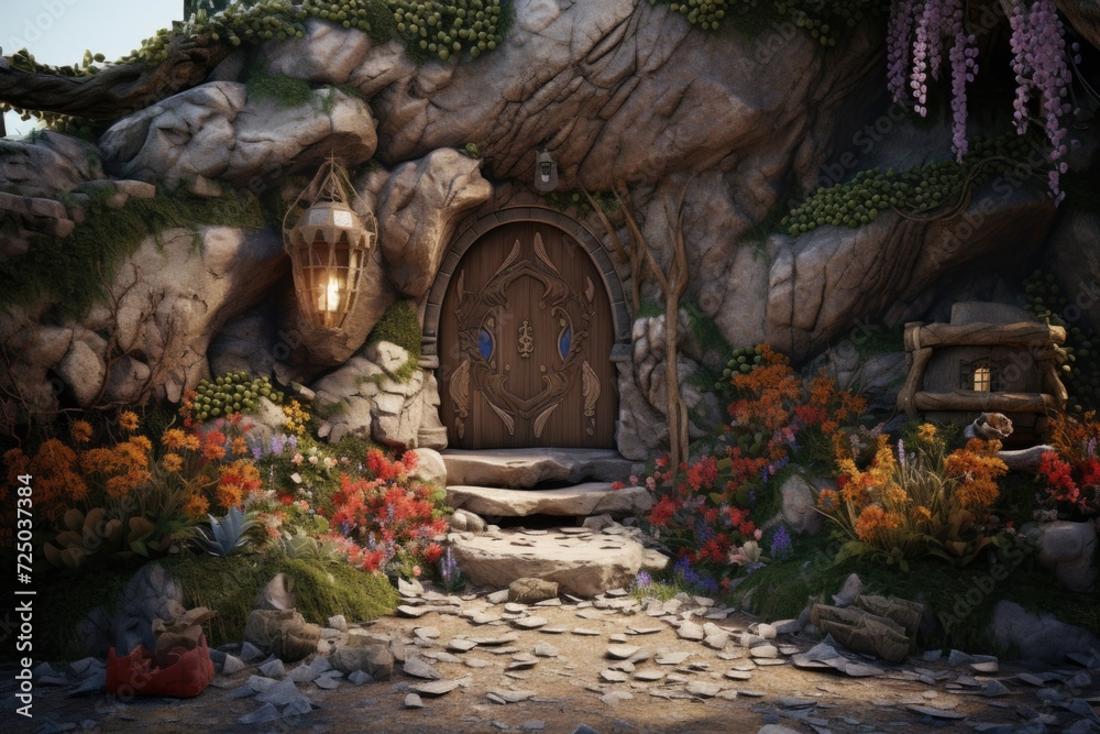 Aufkleber A painting of a door in a cave adorned with beautiful flowers. This image can be used to add a touch of mystery and enchantment to various design projects