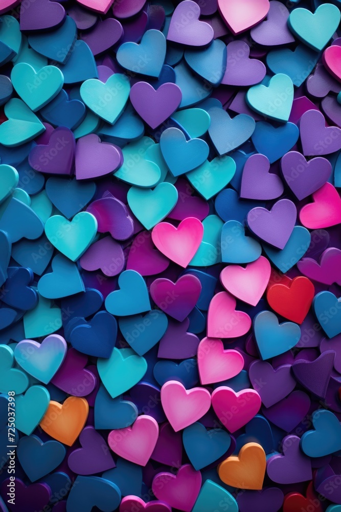 Poster colorful hearts arranged in a bunch on a black background. suitable for various occasions and design