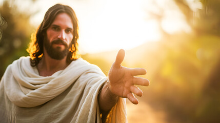 Jesus Christ extends a helping hand, invitation to accept faith and salvation and forgiveness concept