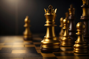 Lonely golden queen chess piece symbolizing leadership and business strategy on dark chessboard background - obrazy, fototapety, plakaty