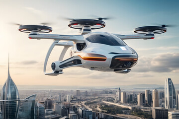 futuristic manned roto passenger drone flying in the sky over modern city for future air transportation and robotaxi concept as wide banner with copy space area - obrazy, fototapety, plakaty