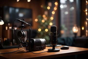Fototapeta na wymiar Professional podcast setup with microphone and bokeh lights, creating a cozy recording atmosphere