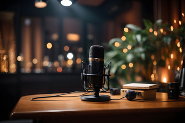 Professional podcast setup with microphone and bokeh lights, creating a cozy recording atmosphere