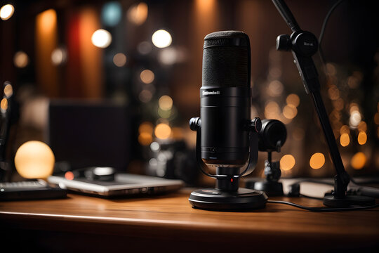 Professional podcast setup with microphone and bokeh lights, creating a cozy recording atmosphere
