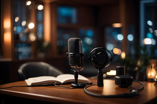 Professional podcast setup with microphone and bokeh lights, creating a cozy recording atmosphere