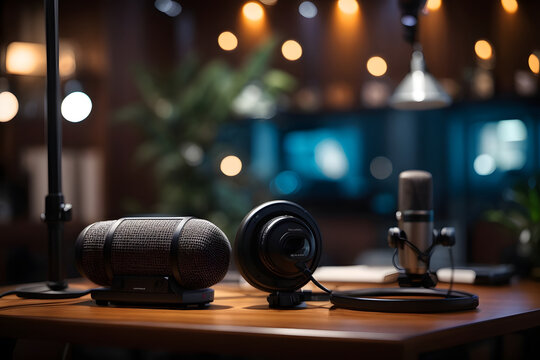 Professional podcast setup with microphone and bokeh lights, creating a cozy recording atmosphere