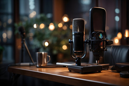 Professional podcast setup with microphone and bokeh lights, creating a cozy recording atmosphere