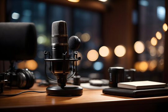 Professional podcast setup with microphone and bokeh lights, creating a cozy recording atmosphere