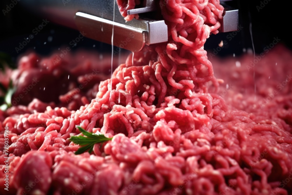 Poster ground beef being processed by a meat mill. suitable for illustrating the process of meat production