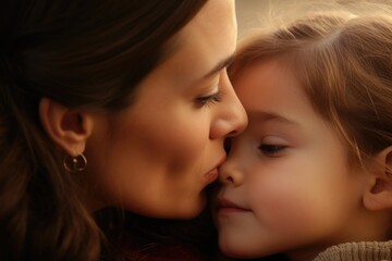 A heartwarming moment captured as a woman expresses affection by kissing a little girl on the cheek. Perfect for portraying love and tenderness in family relationships