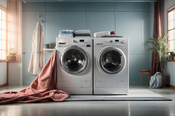 washing machine in a clean room with hud and flying clothes design as wide banner with copy space area
