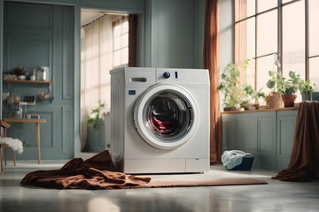 washing machine in a clean room with hud and flying clothes design as wide banner with copy space area - obrazy, fototapety, plakaty