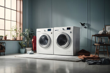 washing machine in a clean room with hud and flying clothes design as wide banner with copy space area