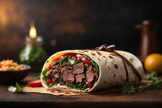 fresh grilled donner or shawarma beef wrap roll hot ready to serve and eat as wide banner with copyspace area