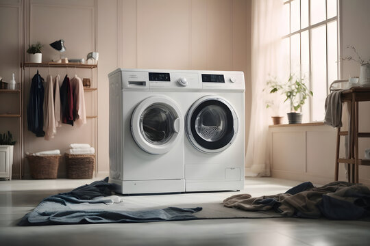 washing machine in a clean room with hud and flying clothes design as wide banner with copy space area