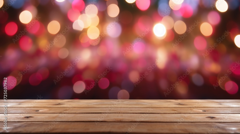 Poster a wooden table with blurred lights in the background. suitable for various uses