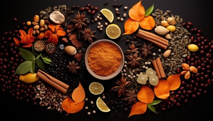 Obraz na płótnie Canvas spices nuts and cocoa beans on dark background