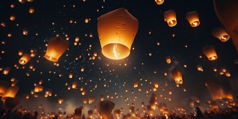 Group of people releasing paper lanterns into the night sky. Ideal for celebrations and special events - obrazy, fototapety, plakaty